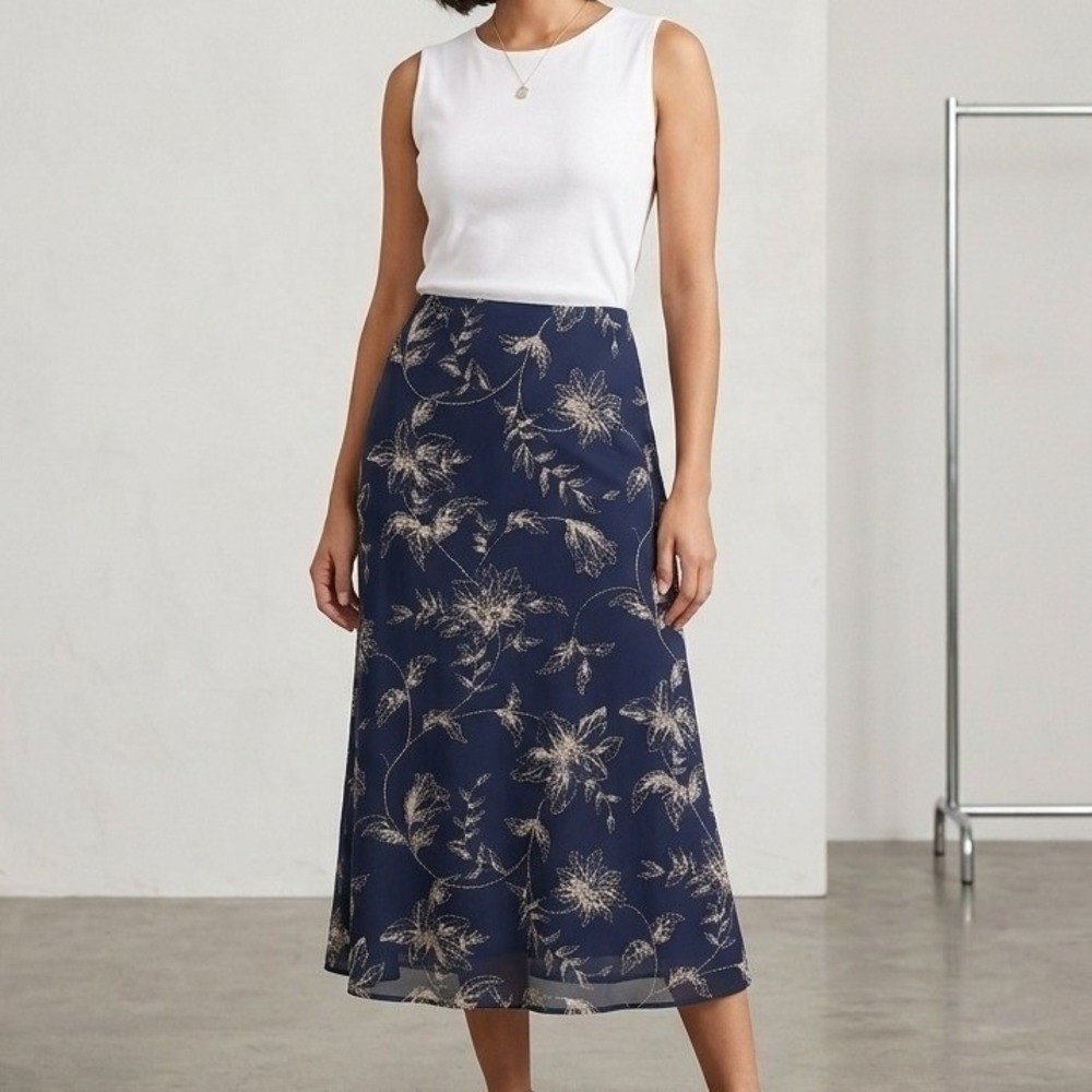 Lane Bryant Navy Blue Floral Chiffon Maxi Skirt Women 14/16 Lined Elastic Waist
